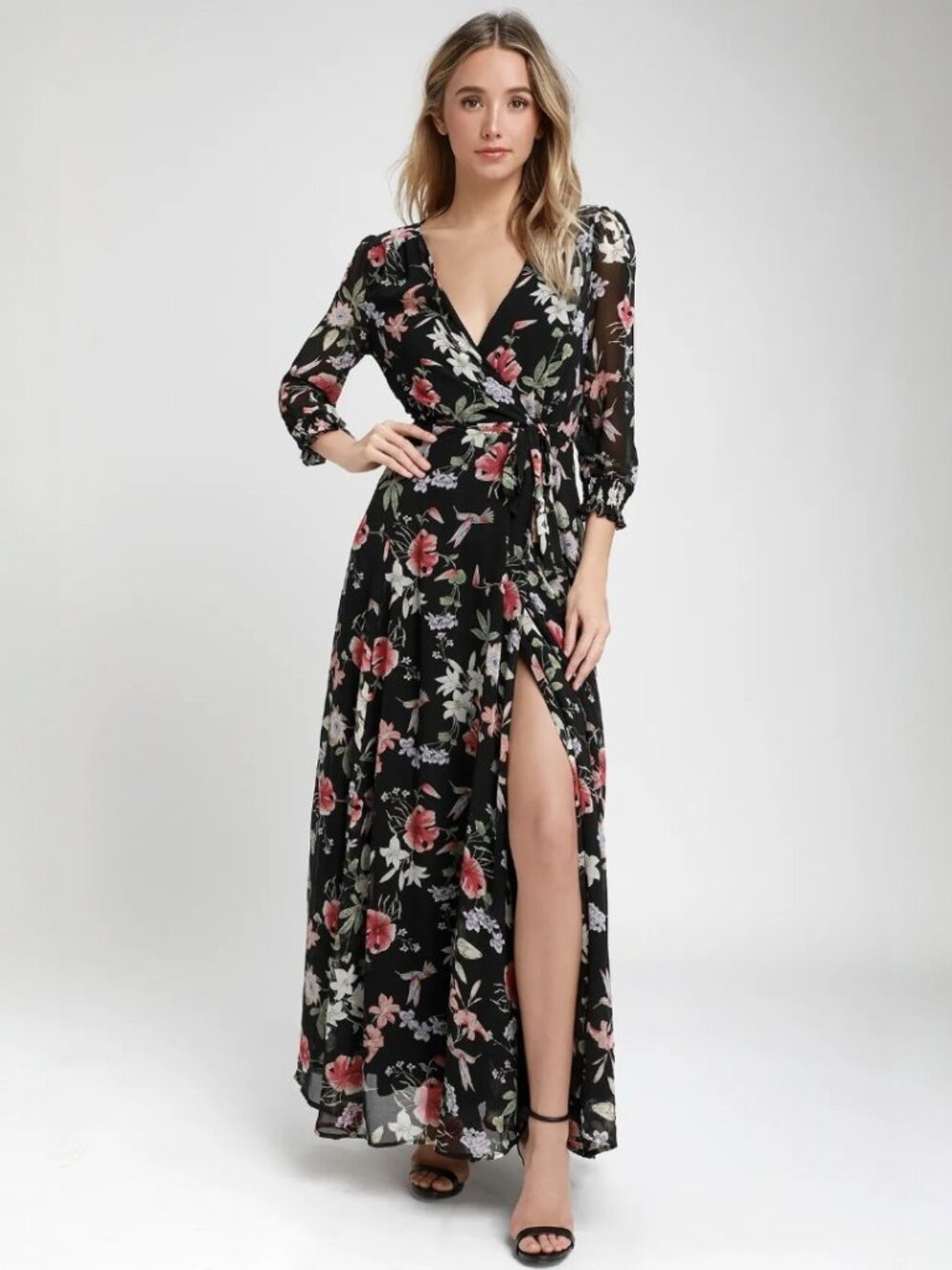 Lulus Awakened Black Floral Print Chiffon Maxi Wrap Dress​ NWT